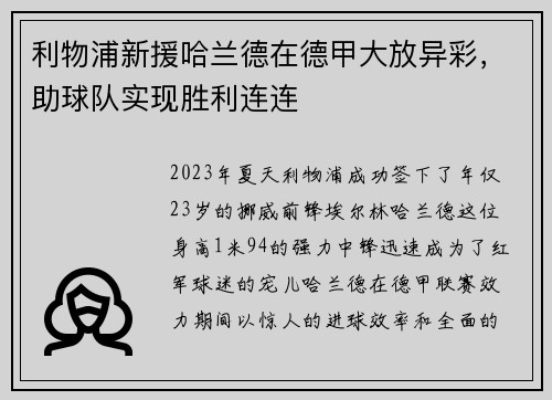 利物浦新援哈兰德在德甲大放异彩，助球队实现胜利连连